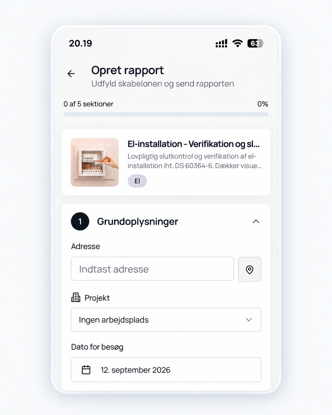 KOWRK mobil app - opret rapport fra skabelon