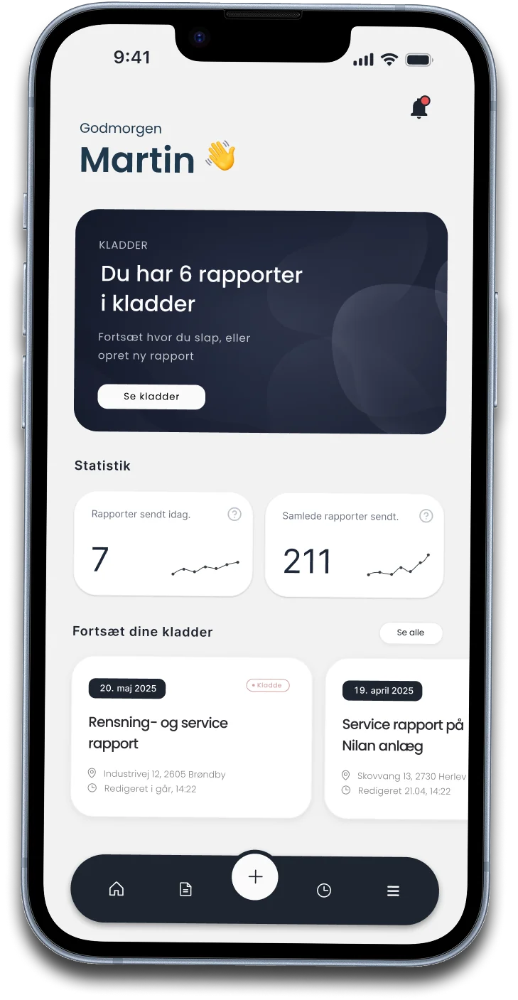 KOWRK-appen med overblik over kladder, sendte rapporter og igangværende arbejde