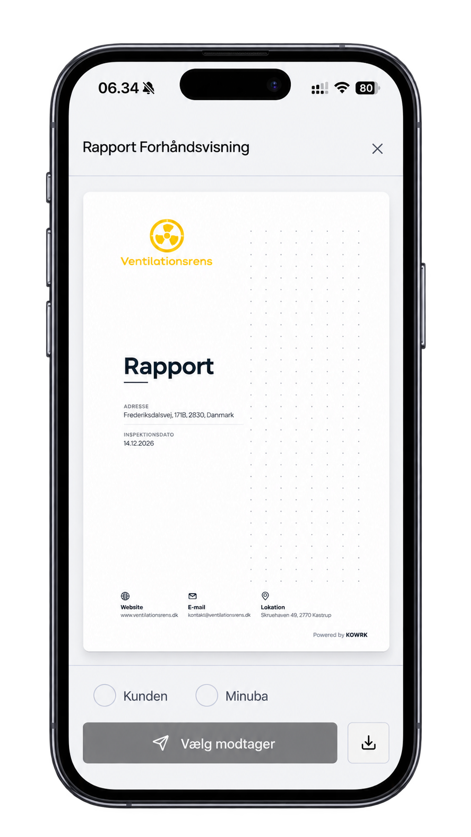 KOWRK PDF-rapport med professionelt layout, dokumentation og mulighed for deling