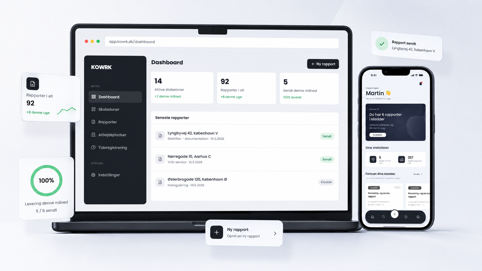 KOWRK app vist på laptop og mobil